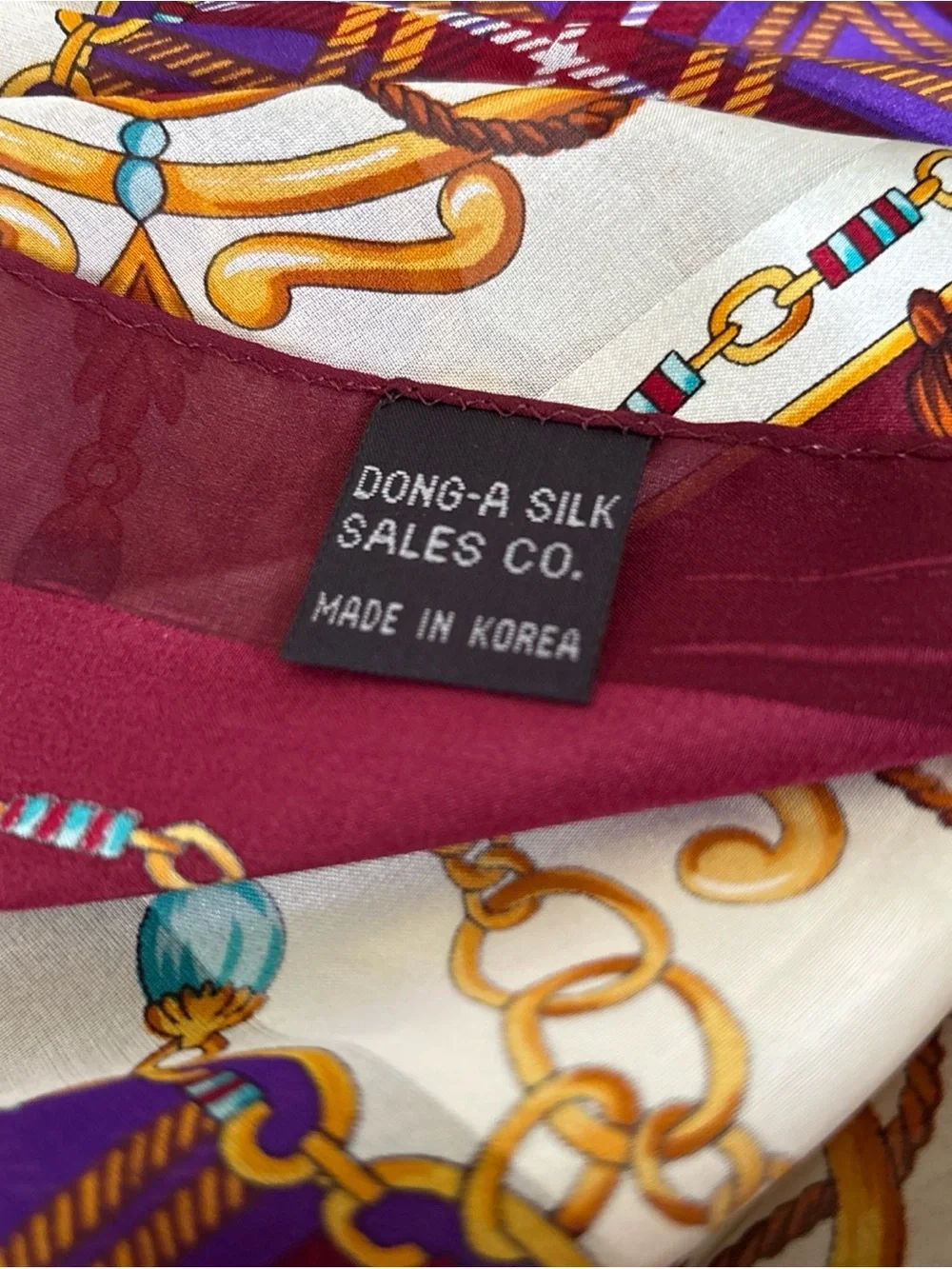 Vtg Dong-A Silk Sales Co Korea Scarf Purple Plaid Jewel Chain Tassel 34” Square